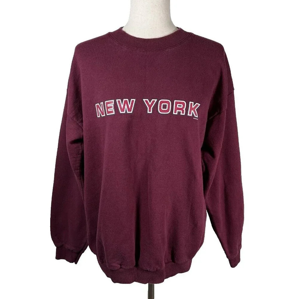 Vintage 2000 New York Crewneck Sweatshirt Women's Large Red Y2k Retro Graphic